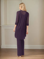 Mono/traje pantalón para madre de la novia, escote redondo, mangas 3/4 y chiffon