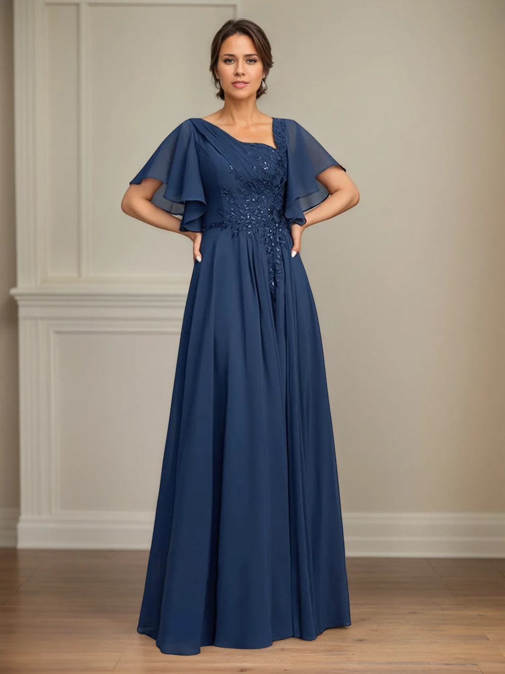 A Line Asymmetrical Floor Length Lace Chiffon Mother of the Bride Dress With Pleated Sequins