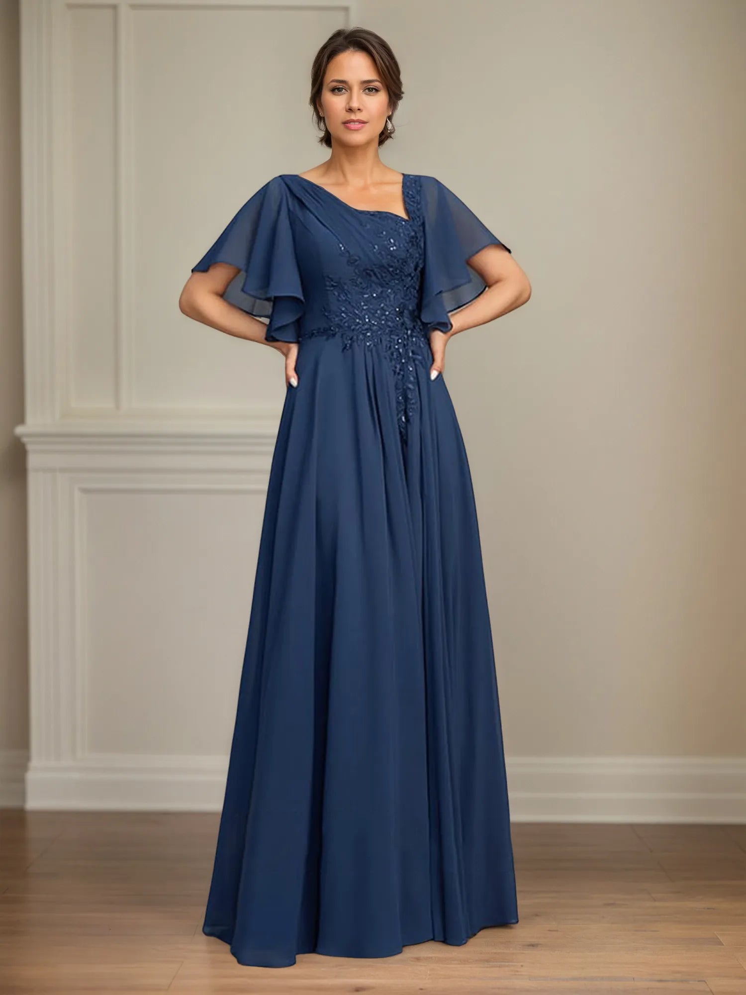 A Line Asymmetrical Floor Length Lace Chiffon Mother of the Bride Dress With Pleated Sequins