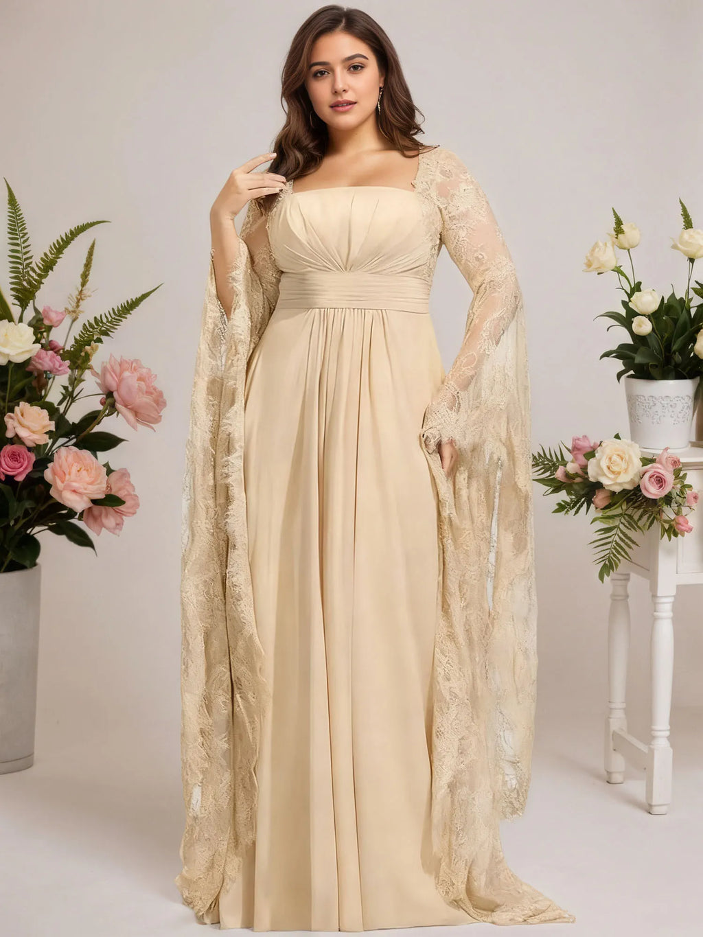 A-Linien quadratisches bodenlanges Chiffon-Spitzen-Abendkleid mit Perlenbesatz und Plissees