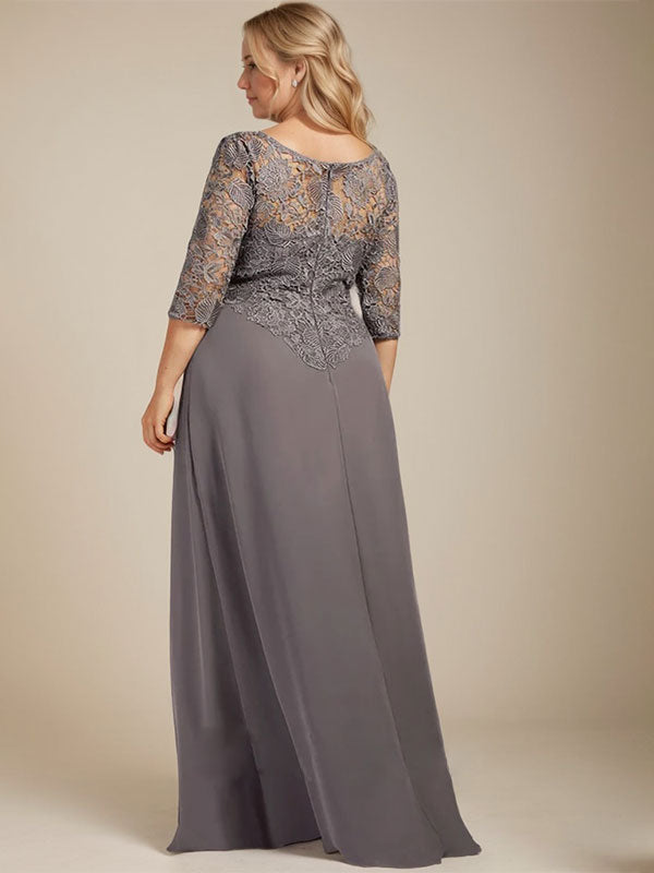 Vestido longo para mãe da noiva evasê com decote ilusão redondo, renda chiffon e babados cascata