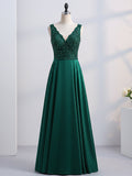 Green A-line V-Neck Floor-Length Satin Lace Prom Dresses With Sequins
