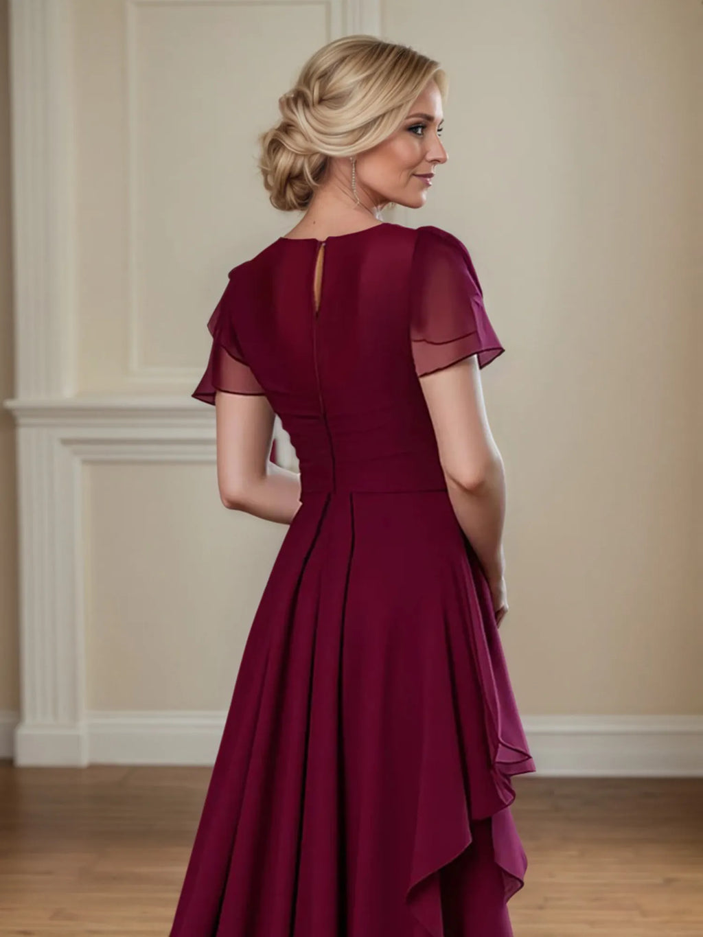 A-Linien Kleid mit Rundhalsausschnitt, kurzen Ärmeln und Rüschen, Chiffon, Mutter der Braut