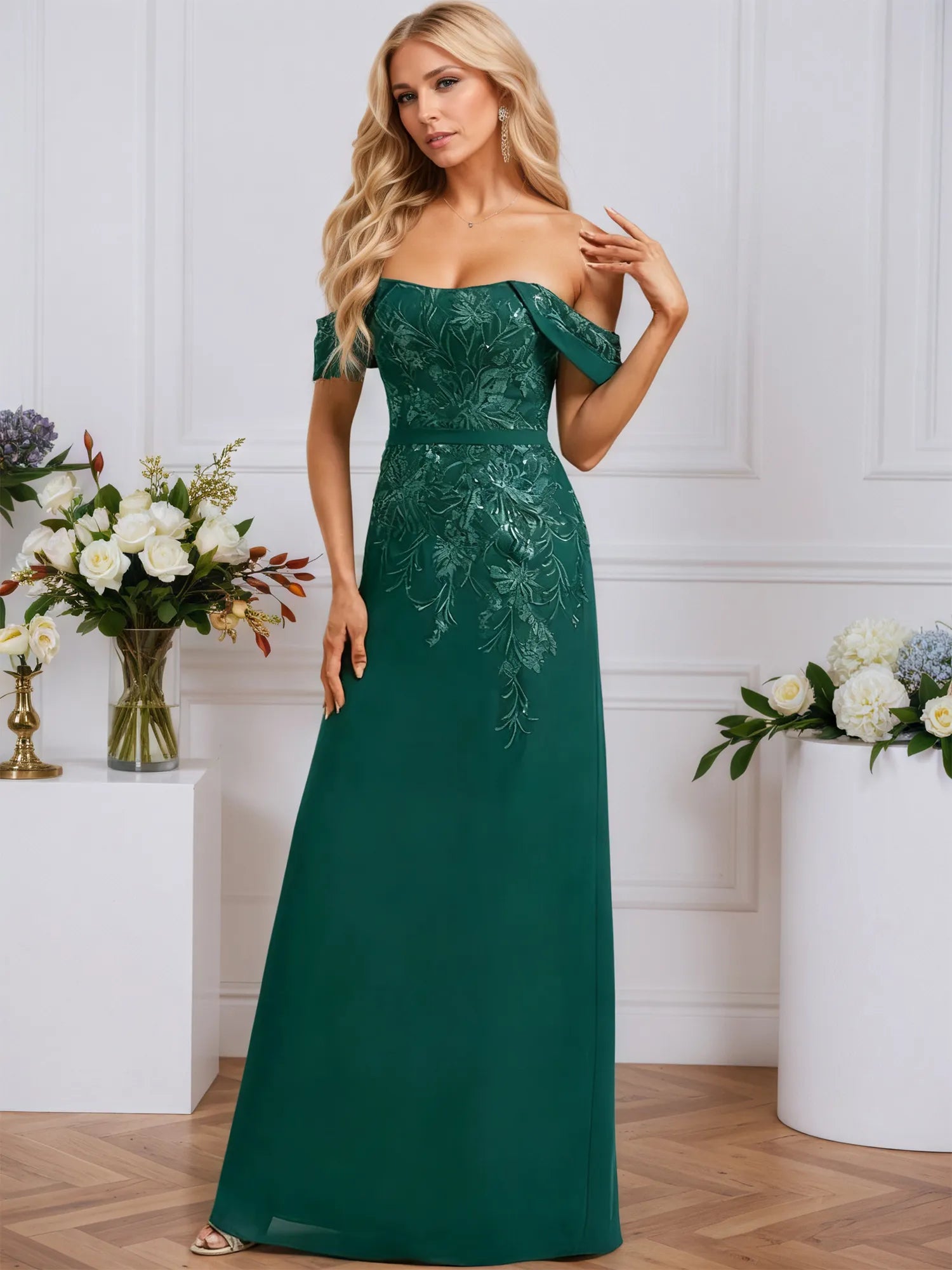 Sheath/Column Off the Shoulder Floor-Length Lace Chiffon Evening Dress With Sequins