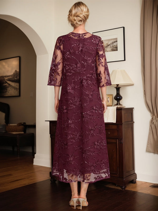 Cabernet A-Linien Rundhals Tee-Länge Spitzen-Chiffon Kleid für die Brautmutter