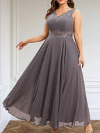A-Linien Kleid mit V-Ausschnitt, knöchellang, aus Chiffon, Mutter der Braut Kleid mit Pailletten, Applikationen, Spitze und Perlenbesatz