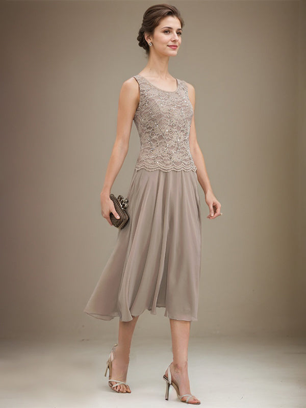 Vestido de mãe da noiva evasê, comprimento tea-length, em renda e chiffon com decote redondo e lantejoulas