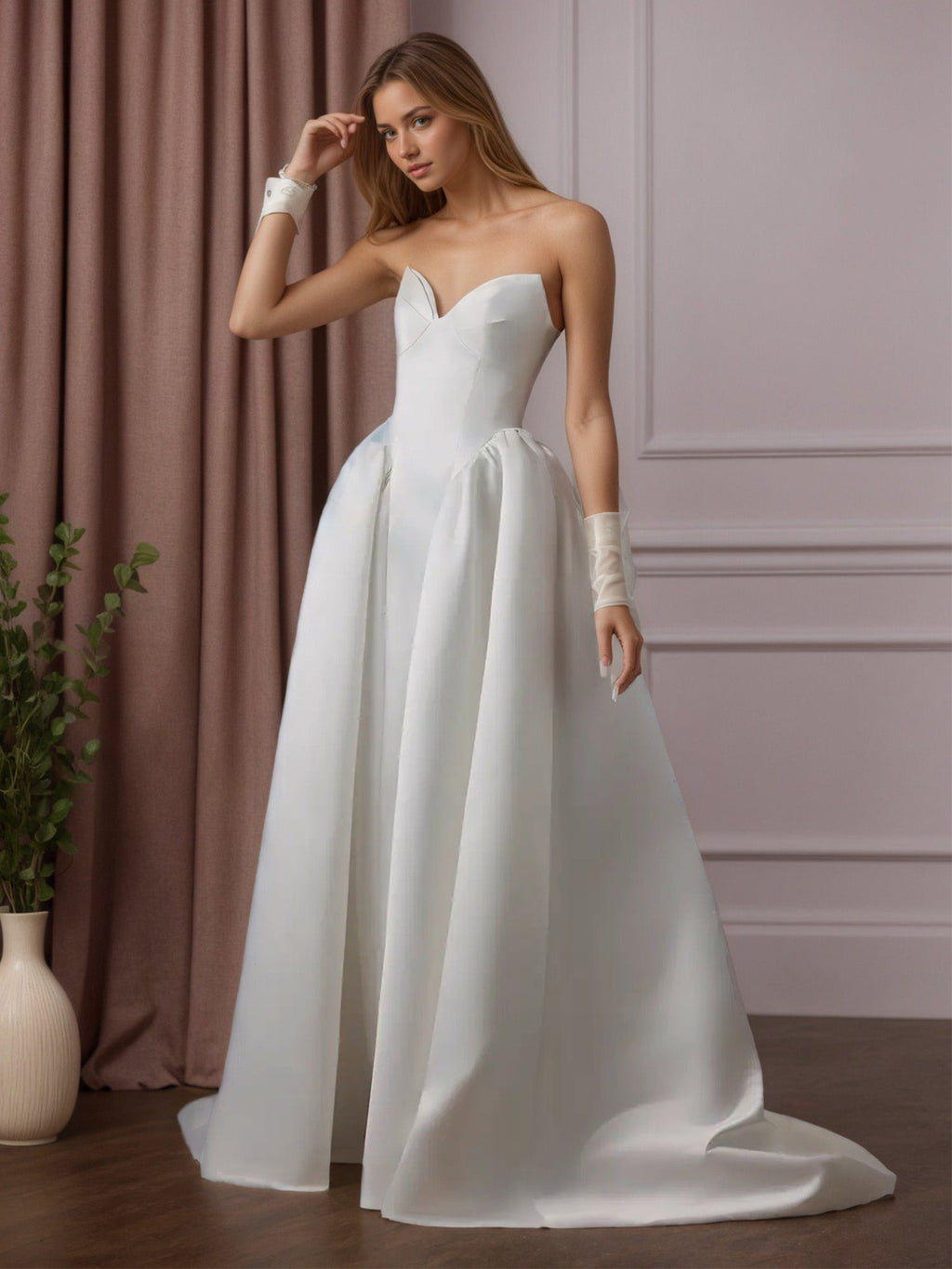 Vestido de novia blanco en línea A sin tirantes de satén