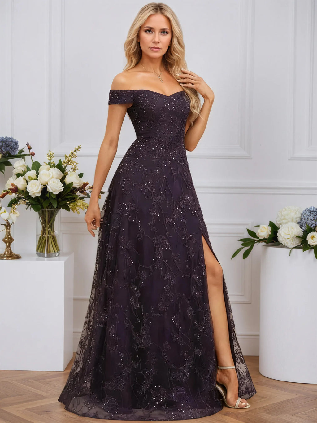 A-line Off the Shoulder Floor-Length Sequin Lace Evening Dress