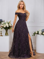 A-line Off the Shoulder Floor-Length Sequin Lace Evening Dress