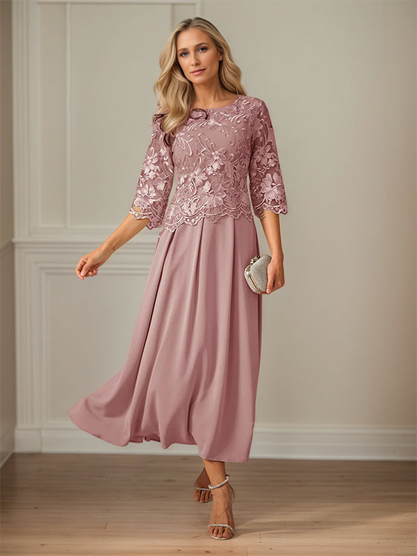 Robe mère de la mariée maxi en dentelle froncée ligne A col rond à volants