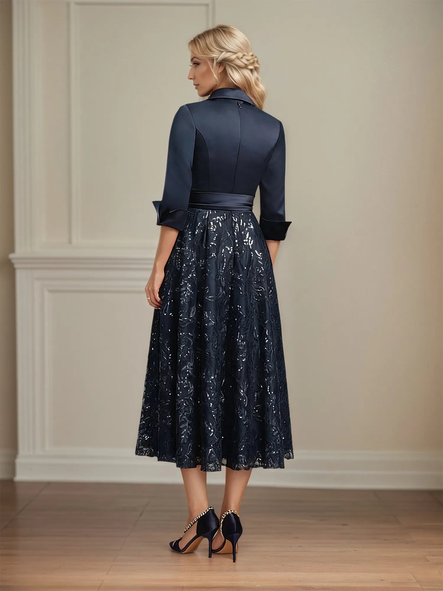 A-Linien-Mutter-der-Braut-Kleid mit Kragen, V-Ausschnitt, tea-length, Satin, Spitze, Pailletten und Schleife