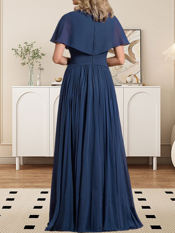 A-Linien V-Ausschnitt Bodenlanges Chiffon Brautmutterkleid mit Kristallbrosche und Plisseefalten