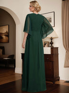 Etuikleid/Säule V-Ausschnitt bodenlanges Chiffon Mutter-der-Braut-Kleid mit plissierten Pailletten und Perlen