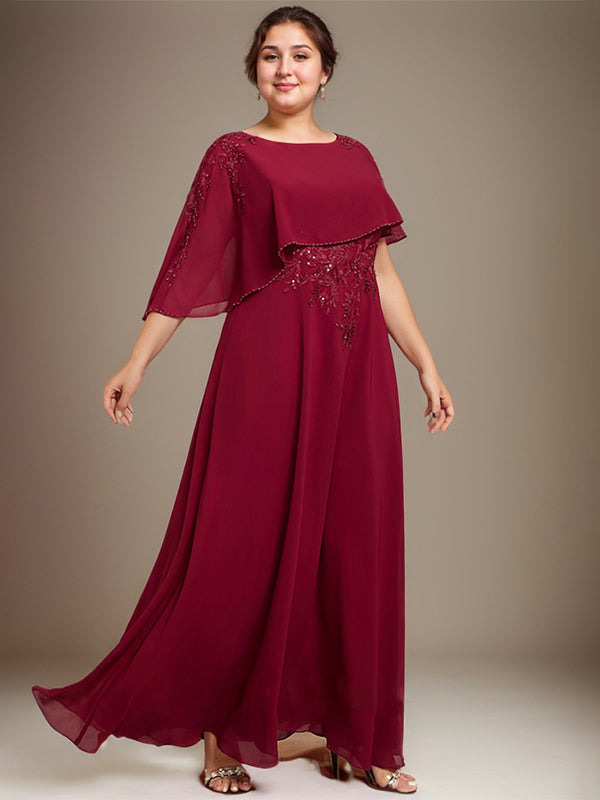 A-Linie Rundhals Bodenlanges Chiffon-Spitzenkleid für die Brautmutter mit Pailletten und Perlen