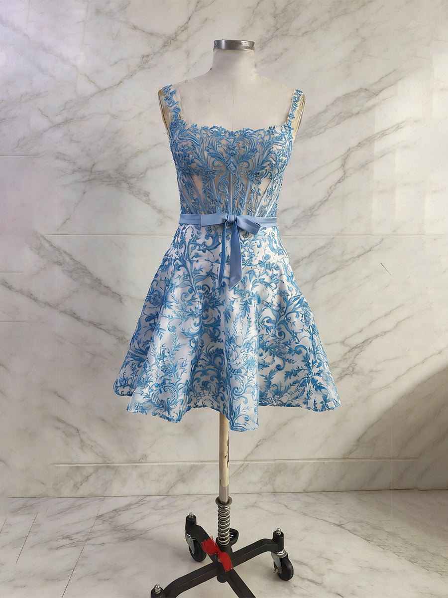Vestido corto línea A floral con corsé y lazo para fiesta de regreso a casa con estampado azul