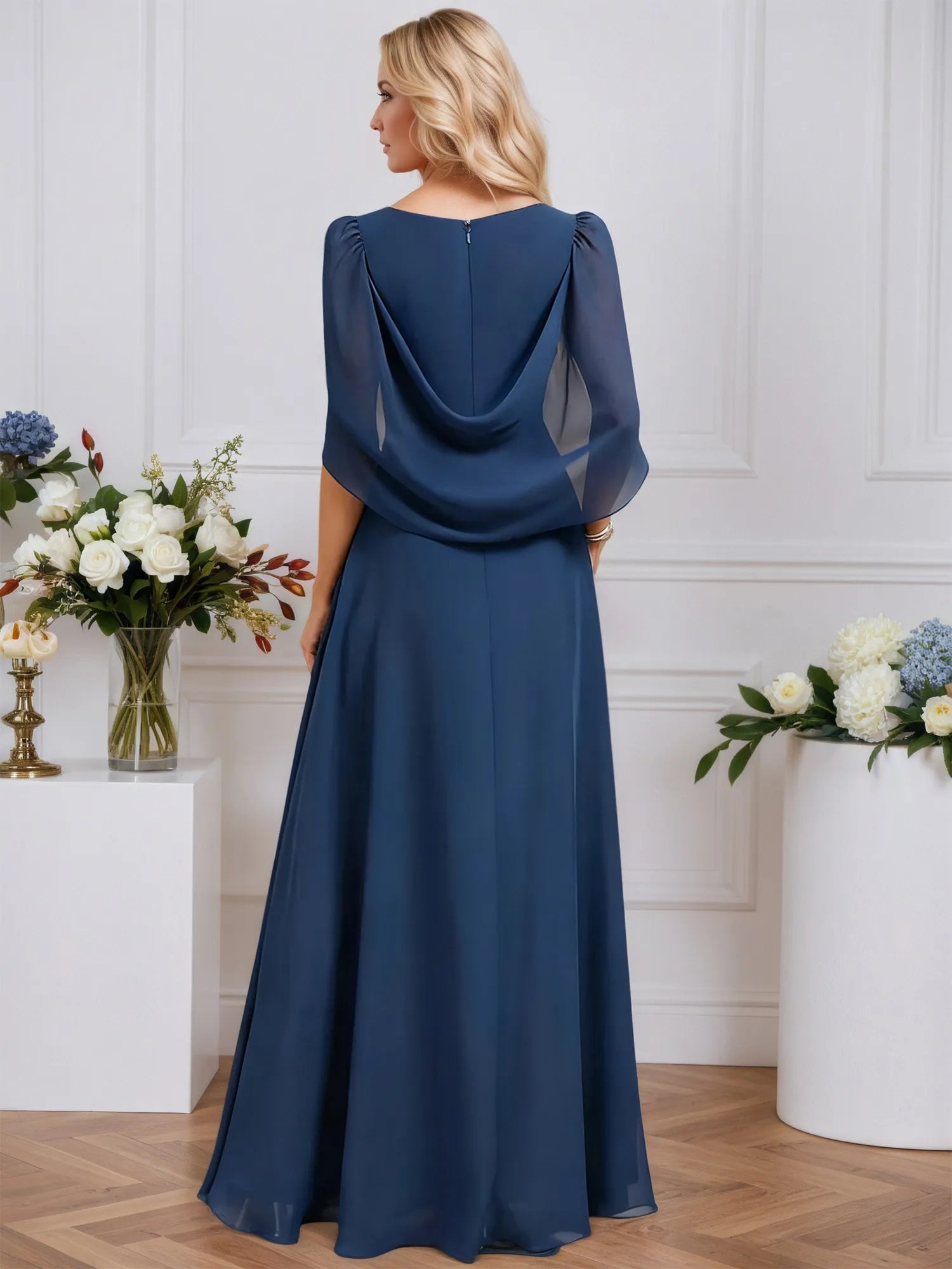 A-line V-Neck Floor-Length Chiffon Evening Dress With Cape Pleated