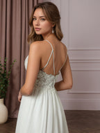 Weißes A-Linien Spitzen Chiffon Hochzeitskleid