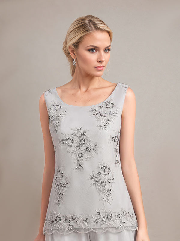 Elegante tuta argento in chiffon senza maniche con applicazioni per madre della sposa e scollo a incrocio