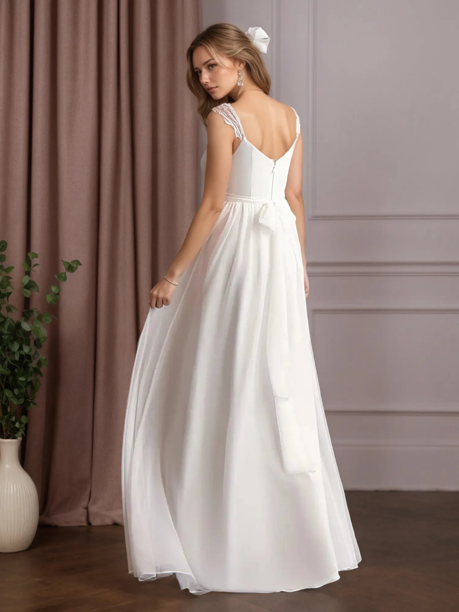 Abito da sposa bianco a linea ad A con scollo a V, senza maniche, in pizzo e chiffon