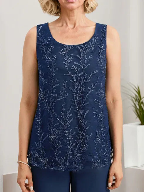 Conjunto separado mono/pantalón con escote redondo, encaje y gasa largo hasta el suelo para madre de la novia con lentejuelas