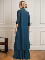 Vestido para madre de la novia línea A con escote redondo ilusión, largo hasta el suelo, encaje y chiffon plisado