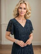 A-Linien V-Ausschnitt tea-langes Spitzen-Chiffon-Mutter-der-Braut-Kleid