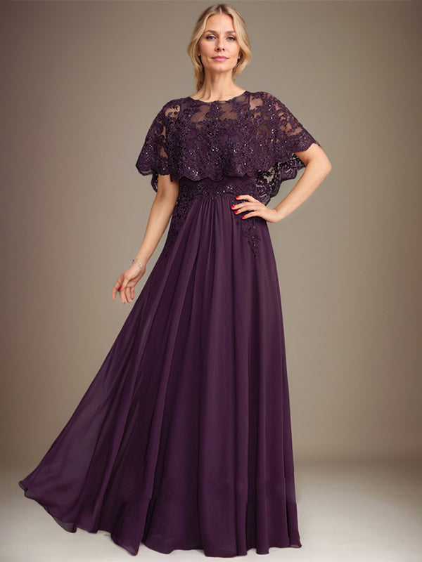 A-Linien Spitzen-Chiffon-Mutter-der-Braut-Kleid mit Bootsausschnitt, bodenlang und Applikations-Pailletten