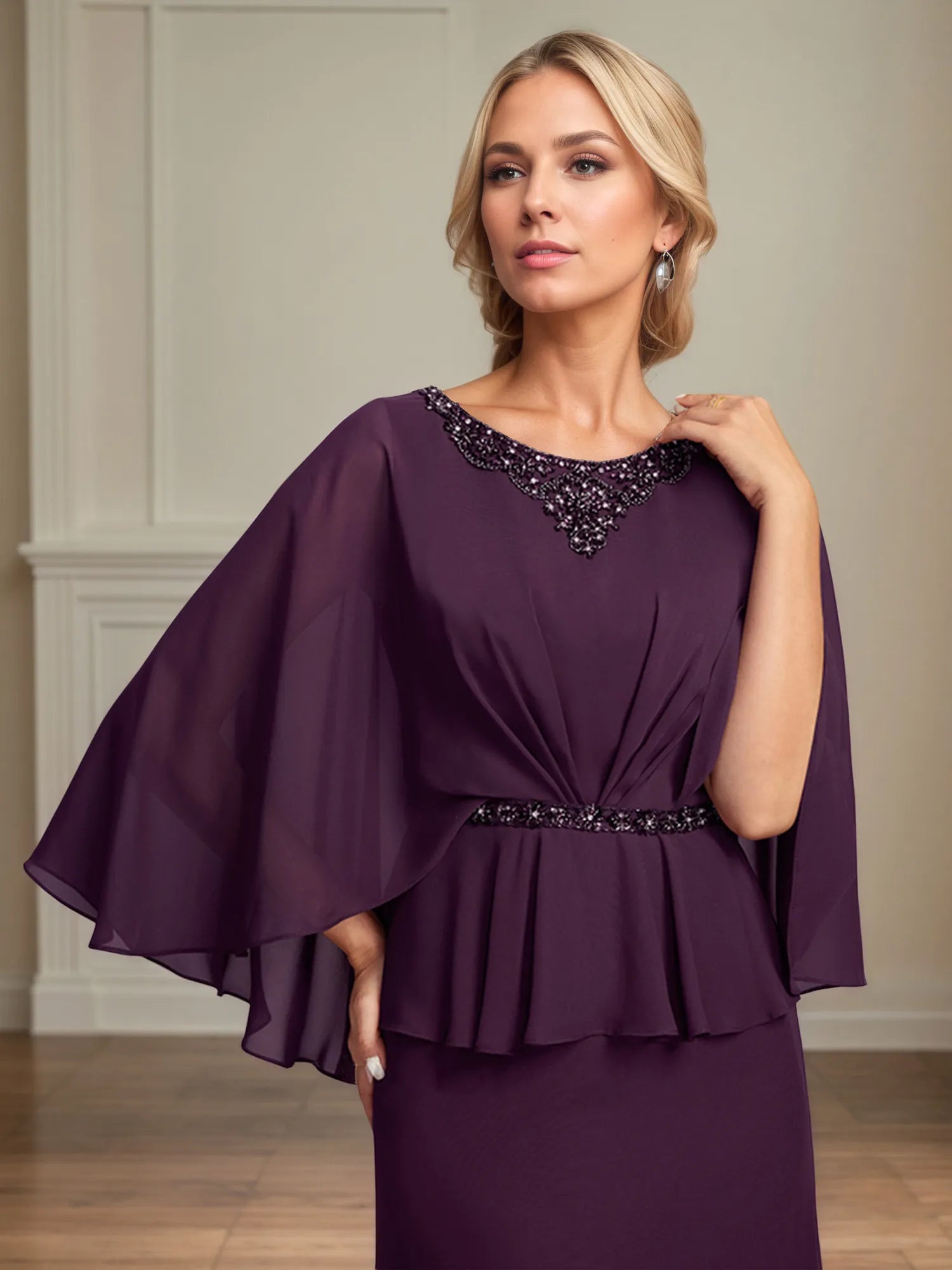 Vestido de madre de la novia en línea A, escote redondo, largo hasta el suelo, de gasa con lentejuelas plisadas y abalorios