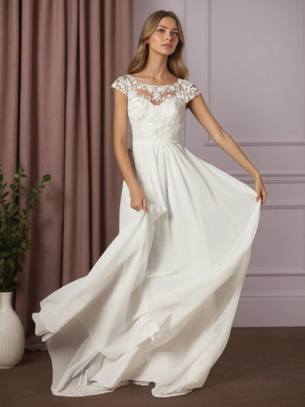 Vestido de novia línea A blanco con escote redondo y lentejuelas de gasa