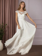 Vestido de novia línea A blanco con escote redondo y lentejuelas de gasa