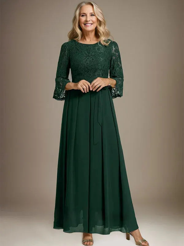 A-line Scoop Ankle-Length Lace Chiffon Mother of the Bride Dress With Bow