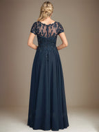 Robe de mère de la mariée en chiffon à coupe évasée, encolure arrondie, longueur au sol, avec appliques et sequins