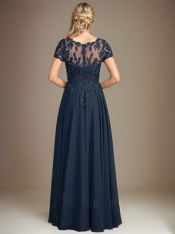 Robe de mère de la mariée en chiffon à coupe évasée, encolure arrondie, longueur au sol, avec appliques et sequins