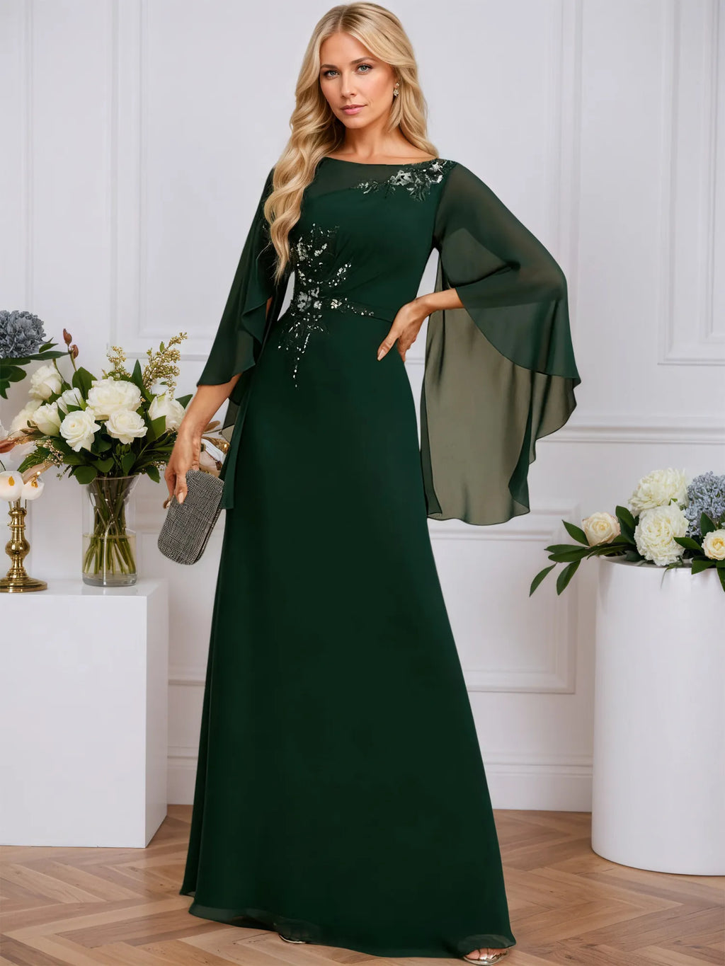 A-line Boat Neck Illusion Floor-Length Chiffon Evening Dress With Sequins Appliques Lace Pleated