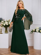 A-line Boat Neck Illusion Floor-Length Chiffon Evening Dress With Sequins Appliques Lace Pleated