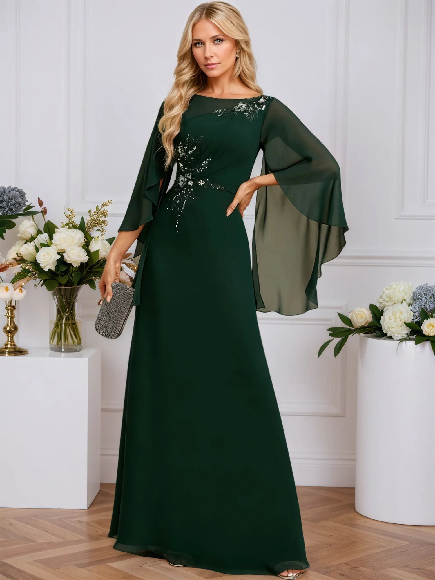 A-line Boat Neck Illusion Floor-Length Chiffon Evening Dress With Sequins Appliques Lace Pleated