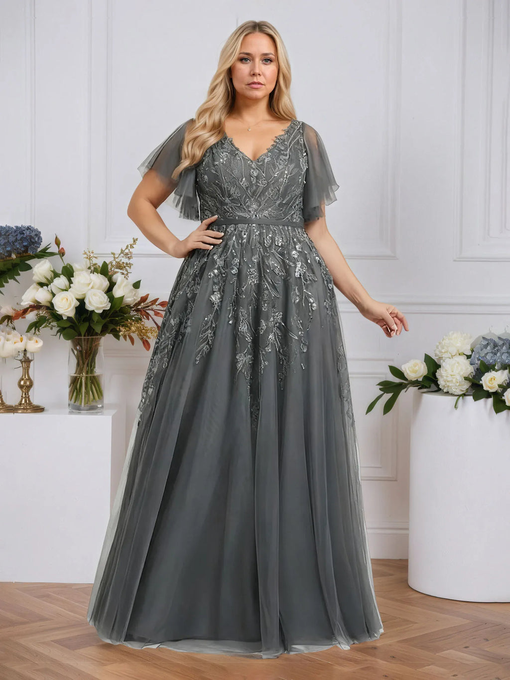 A-line V-Neck Floor-Length Tulle Lace Evening Dress With Sequins