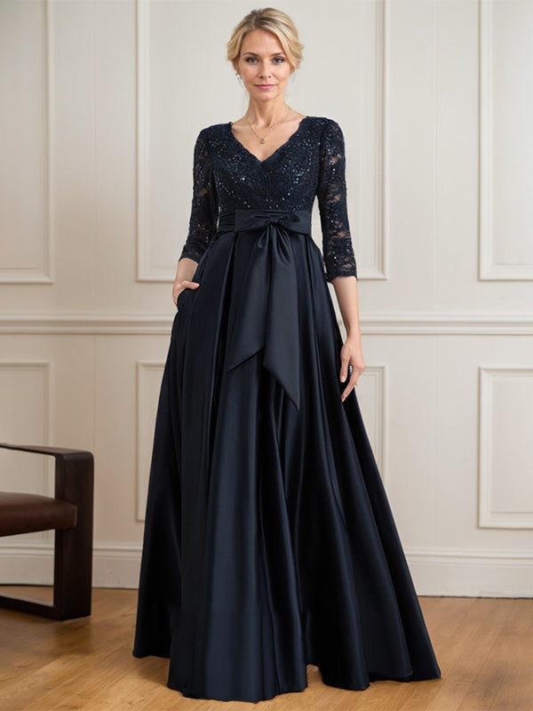 Vestido de madre de la novia línea A, escote en V, largo hasta el suelo, satén con encaje y lazo de lentejuelas