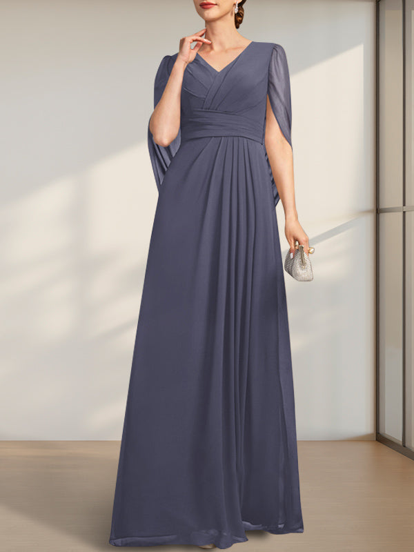 A-Linien V-Ausschnitt bodenlanges Chiffonkleid für die Brautmutter mit Falten