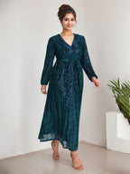A-Linien V-Ausschnitt langärmliges Samt Tee-Länge Kleid für die Brautmutter mit Schlitz