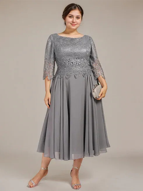 A-line Scoop Tea-Length Lace Chiffon Mother of the Bride Dress