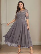 A-Linien Bootsausschnitt Illusionskleid mit asymmetrischem Chiffon-Spitzenstoff, Mutter-der-Braut-Kleid mit Paillettenperlen