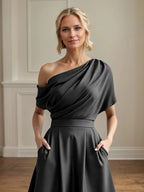 A Line Satin One Shoulder Pleated Ankle Length Mother of the Bride Dress