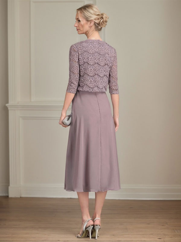 Robe de mère de la mariée en mousseline longueur thé ligne A à encolure dégagée avec plis