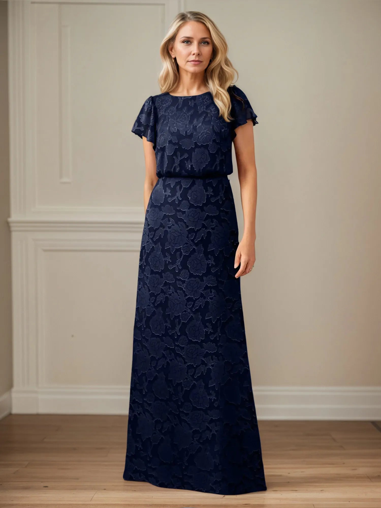 A Line Boat Neck Short Sleeve Floral Burnout Mother of the Bride Dress