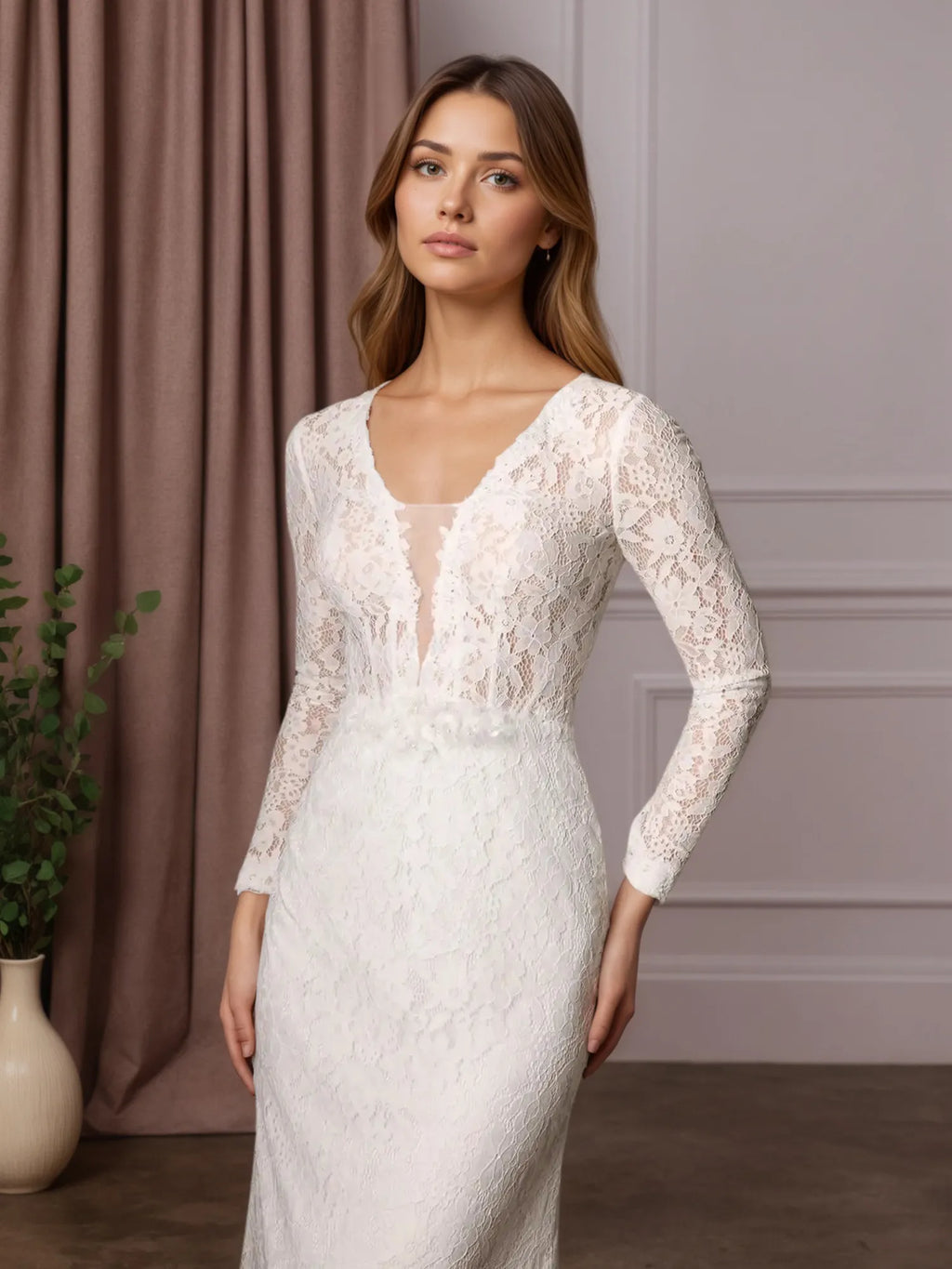 Vestido de novia blanco ajustado con escote en V y tul