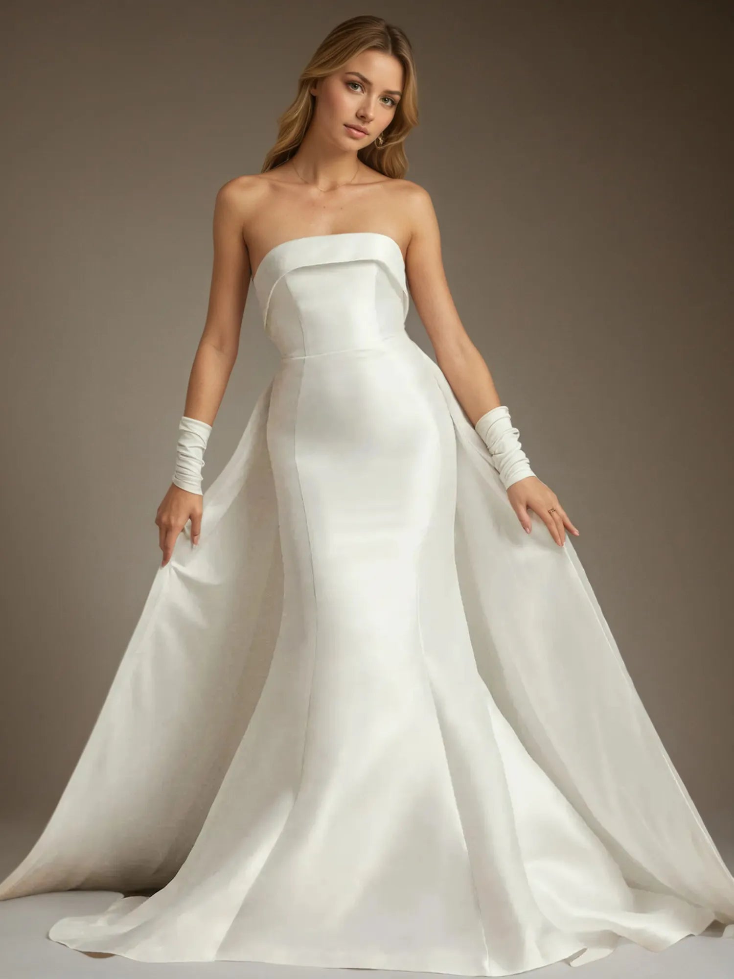 Vestido de novia blanco sirena sin tirantes con lazo