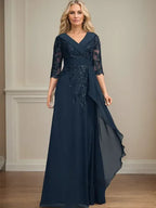 Robe de mère de la mariée en dentelle et chiffon, coupe A, col V avec col, longueur au sol, sequins et volants en cascade