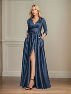 Vestido de madre de la novia de satén largo hasta el suelo, línea A, con escote en V, cuello, abalorios, lentejuelas 3D florales y plisados